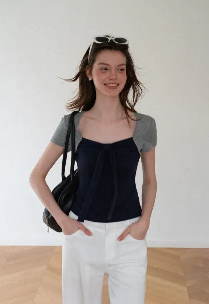 Square Neck Tie Front Short Sleeve Top