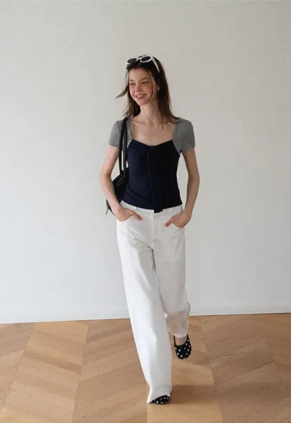 Square Neck Tie Front Short Sleeve Top