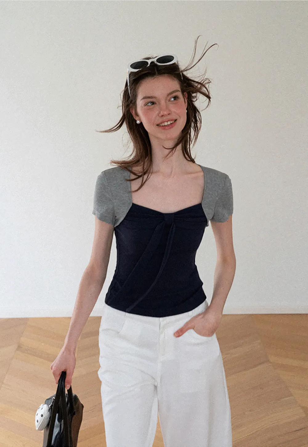 Square Neck Tie Front Short Sleeve Top