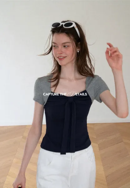 Square Neck Tie Front Short Sleeve Top