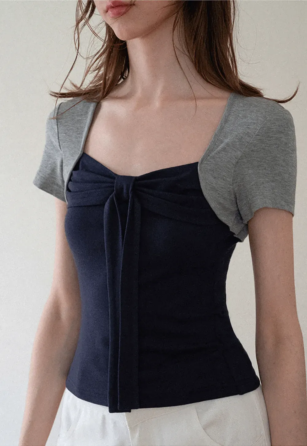 Square Neck Tie Front Short Sleeve Top