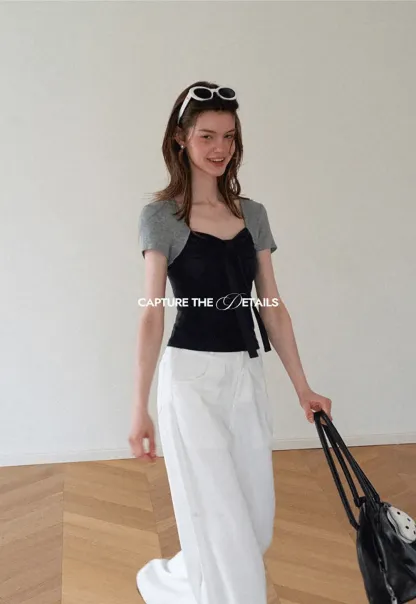 Square Neck Tie Front Short Sleeve Top
