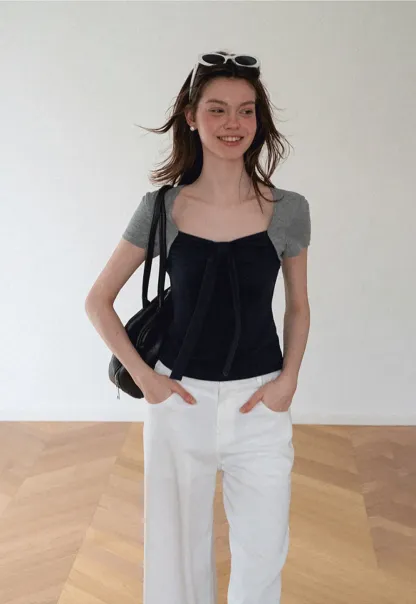Square Neck Tie Front Short Sleeve Top