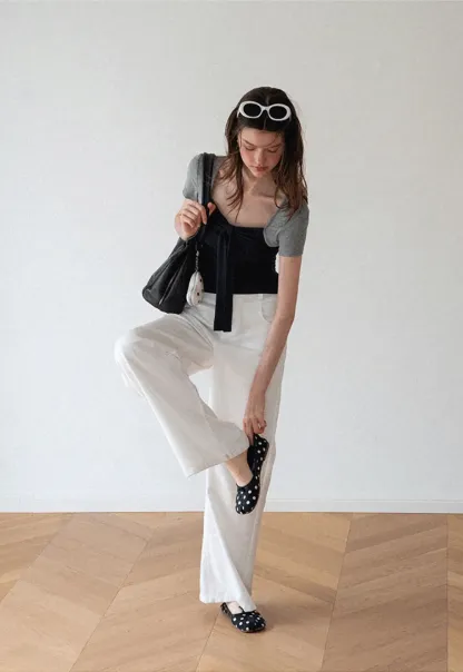 Square Neck Tie Front Short Sleeve Top