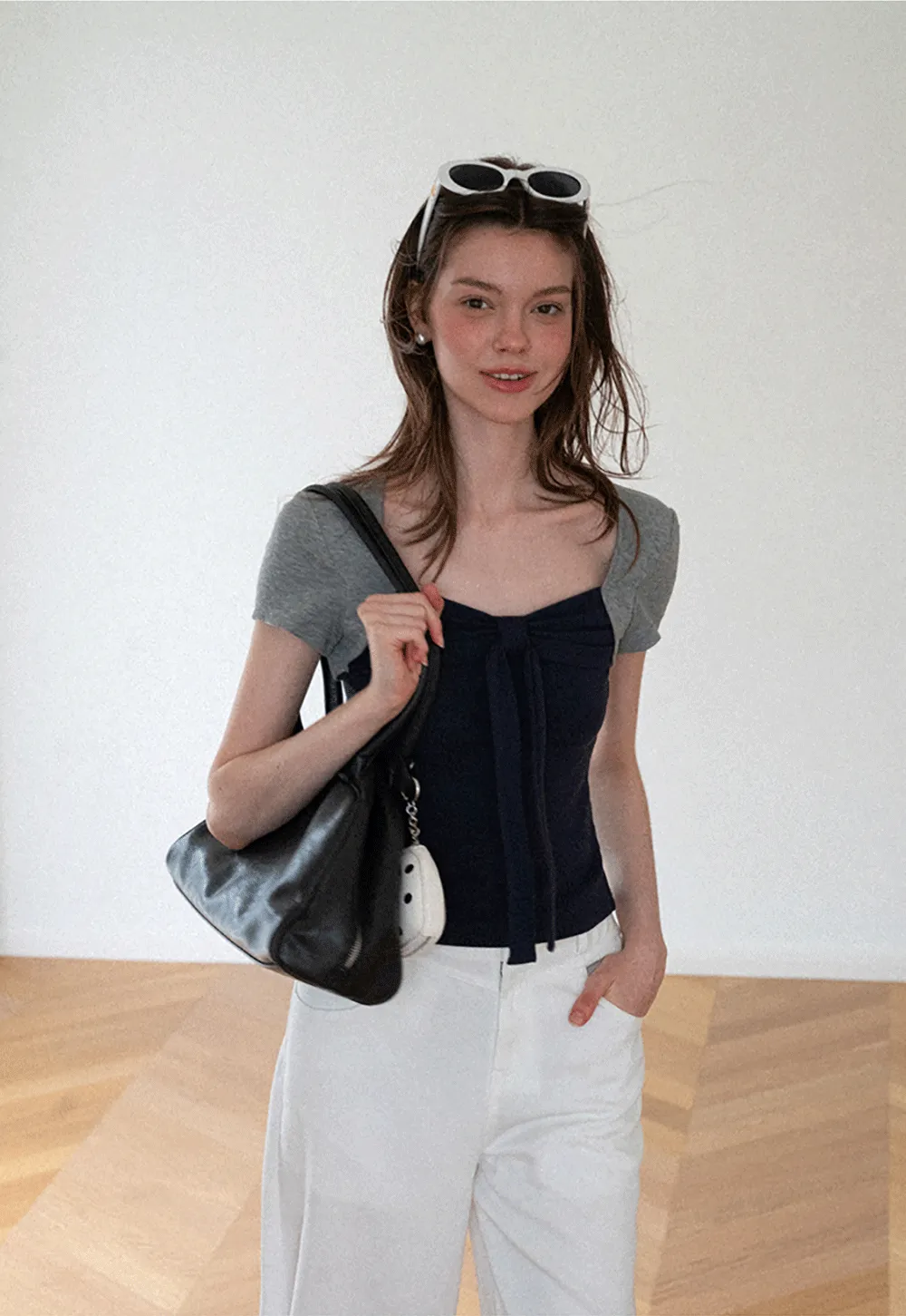 Square Neck Tie Front Short Sleeve Top