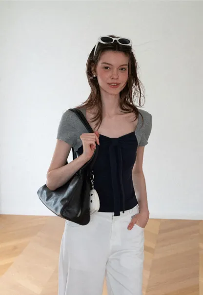 Square Neck Tie Front Short Sleeve Top