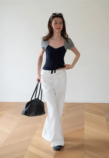 Square Neck Tie Front Short Sleeve Top