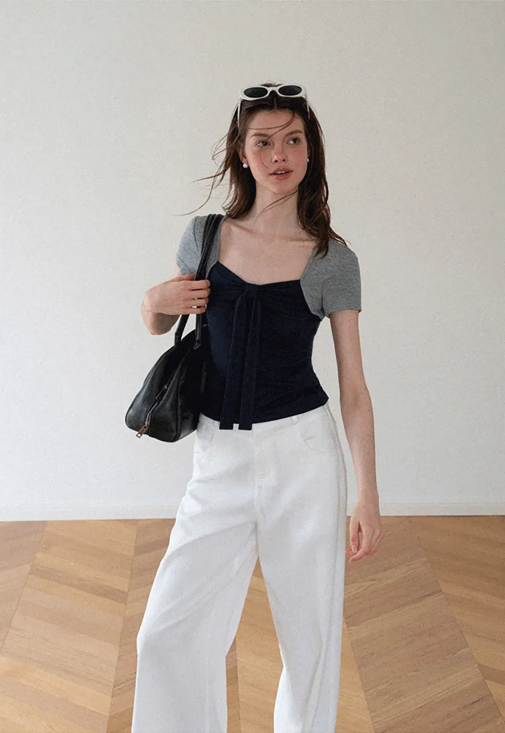 Square Neck Tie Front Short Sleeve Top