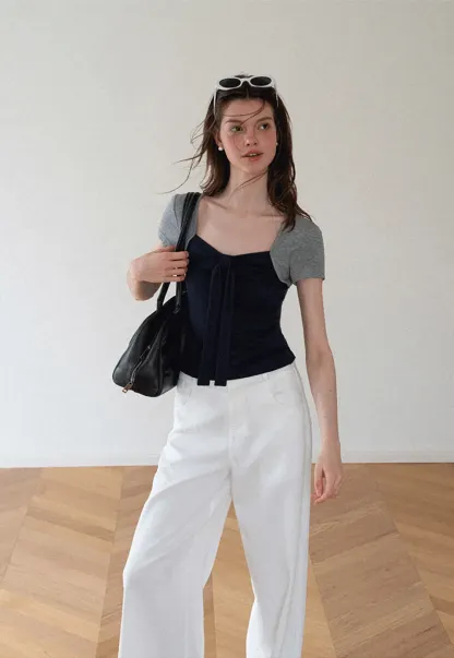 Square Neck Tie Front Short Sleeve Top