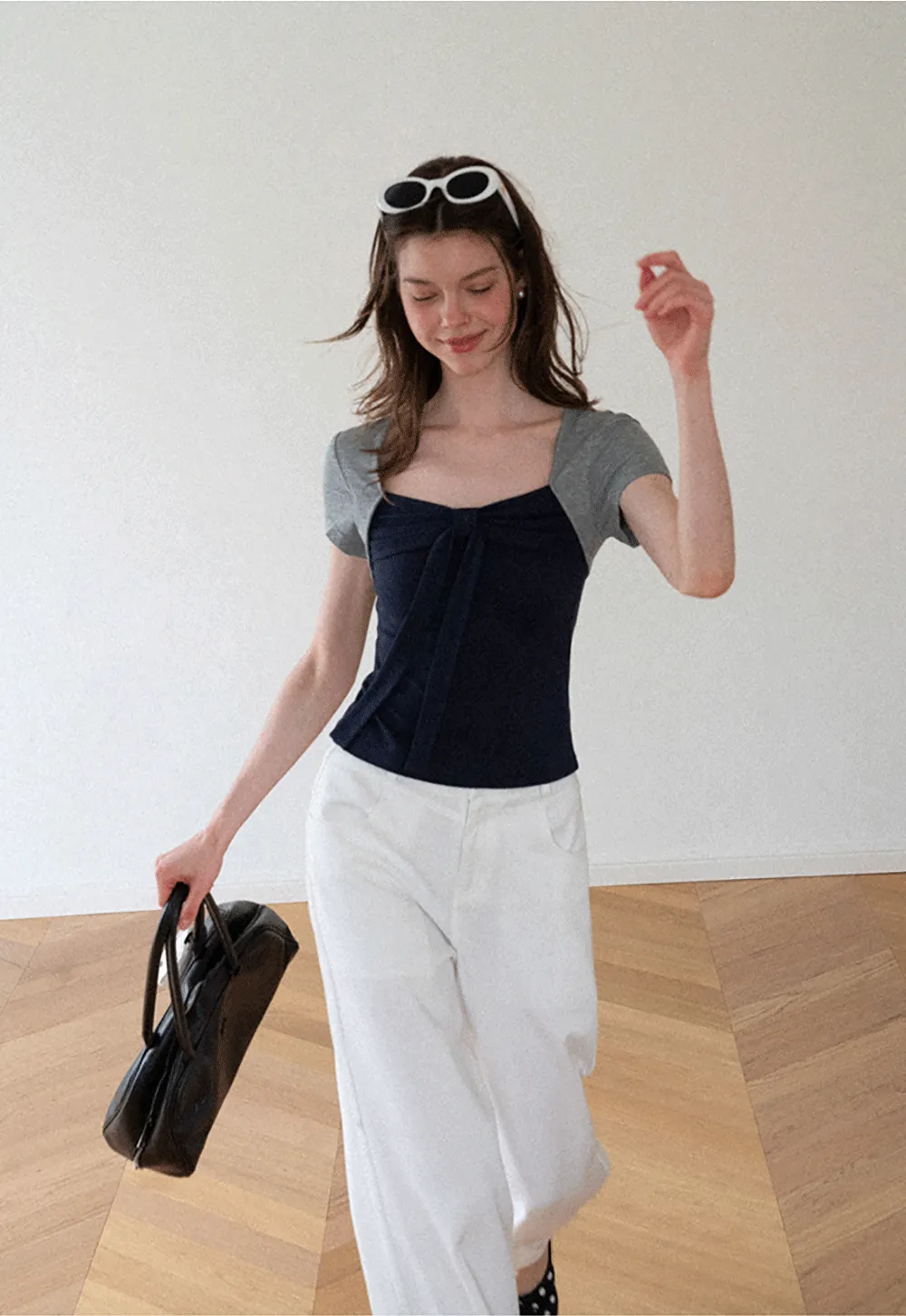 Square Neck Tie Front Short Sleeve Top