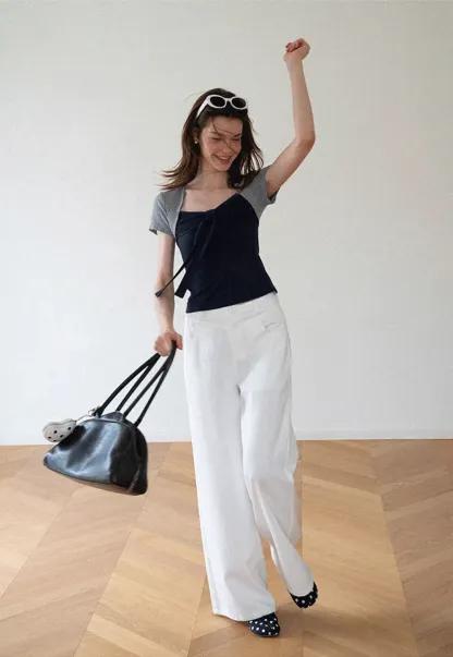 Square Neck Tie Front Short Sleeve Top