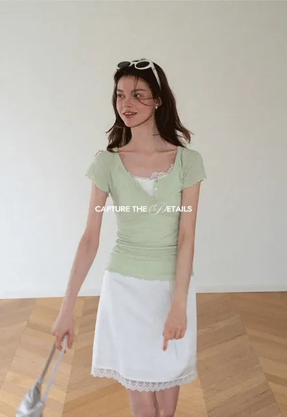 Lace Trim V Neck Short Sleeve T Shirt