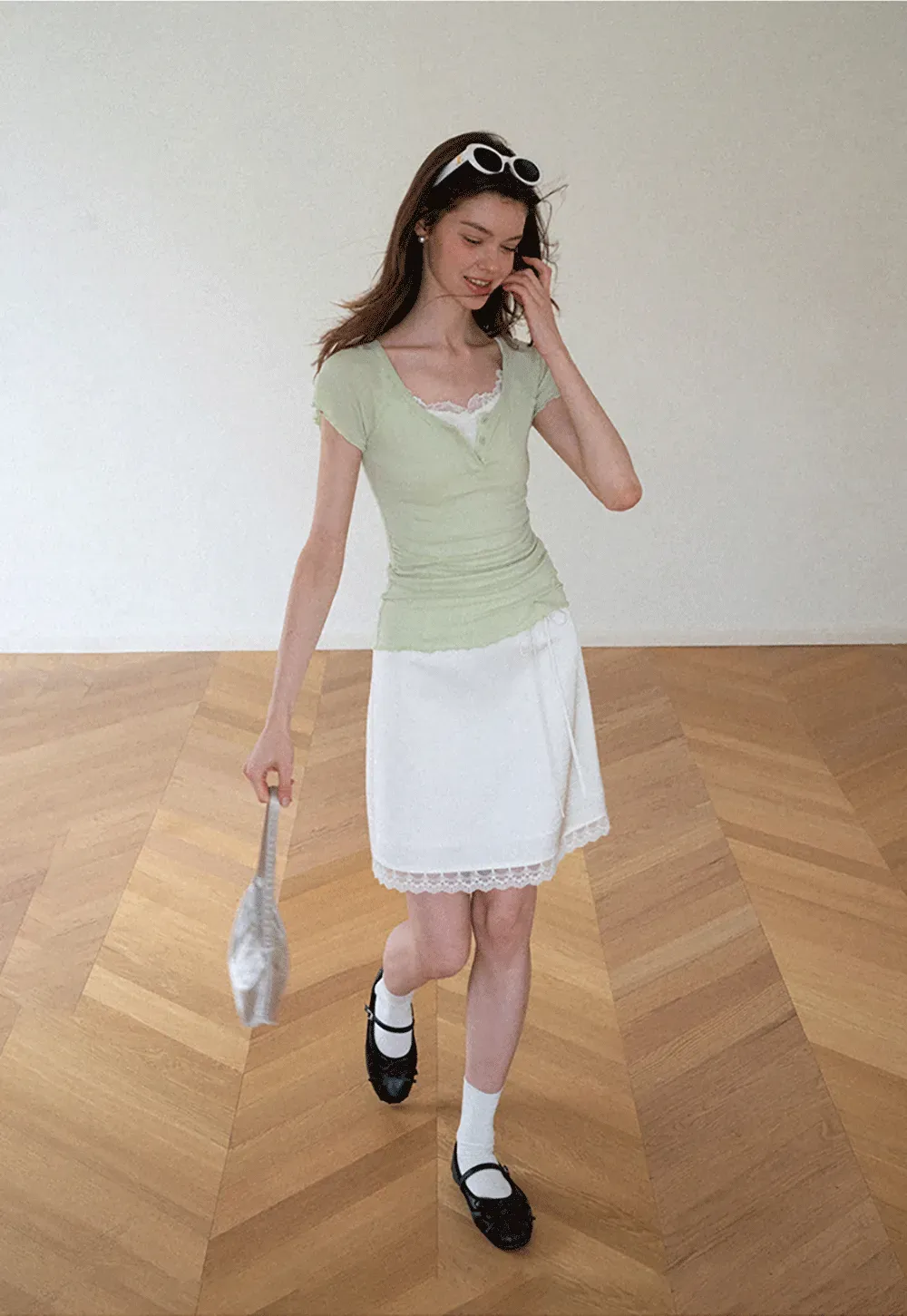 Lace Trim V Neck Short Sleeve T Shirt