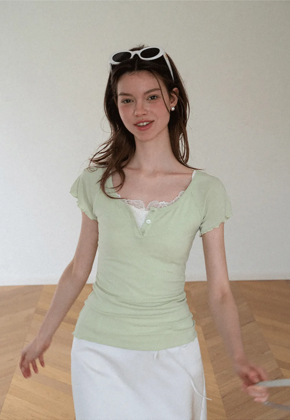 Lace Trim V Neck Short Sleeve T Shirt