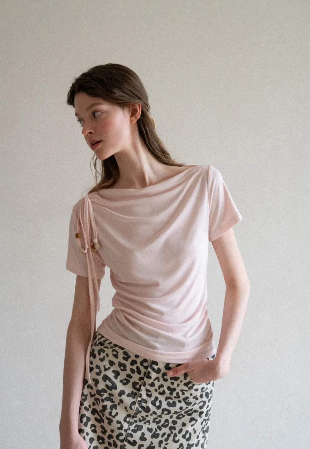 Asymmetrical Draped Neckline Short Sleeve T Shirt