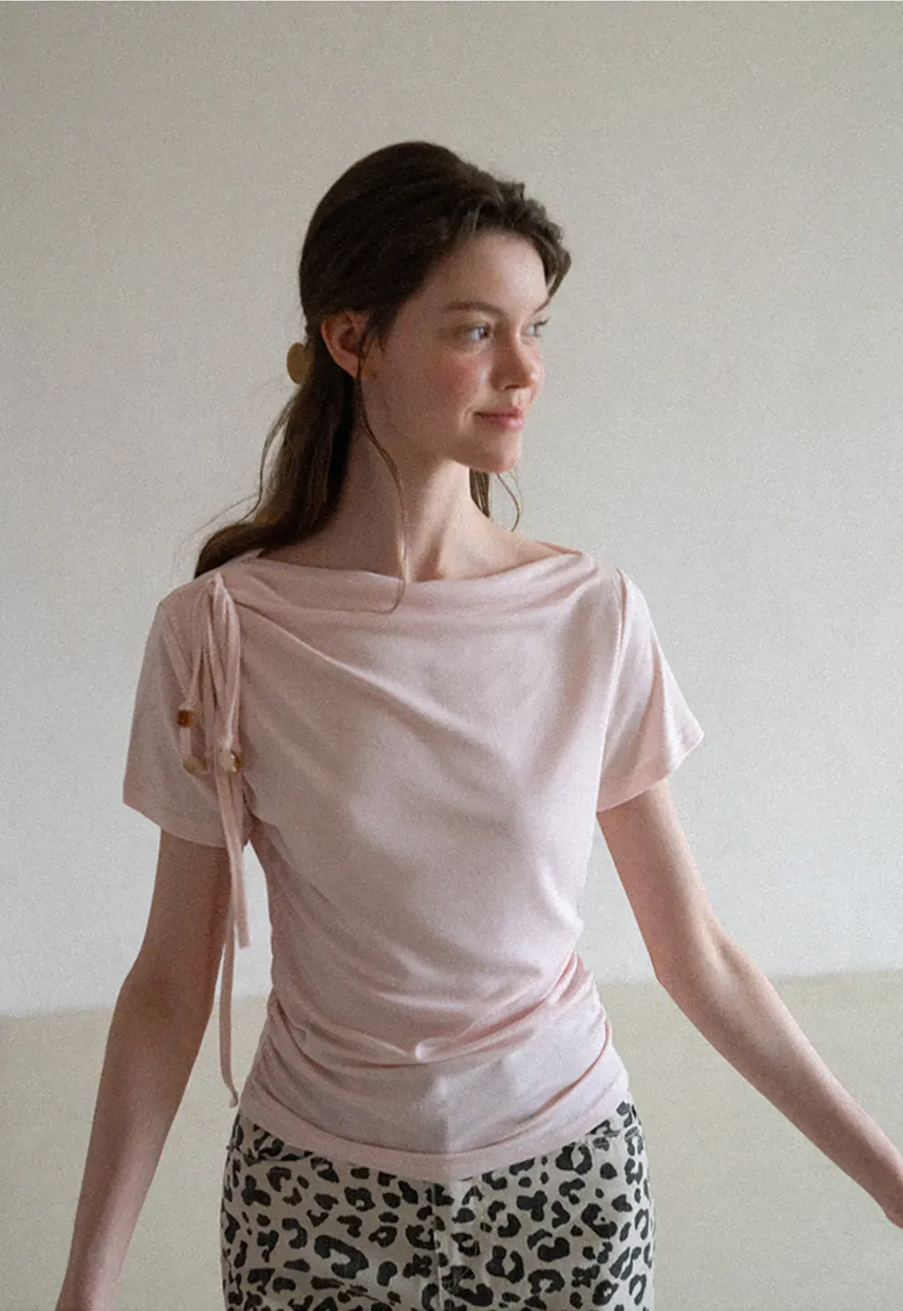 Asymmetrical Draped Neckline Short Sleeve T Shirt