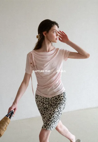 Asymmetrical Draped Neckline Short Sleeve T Shirt