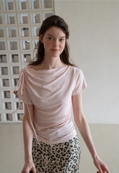 Asymmetrical Draped Neckline Short Sleeve T Shirt