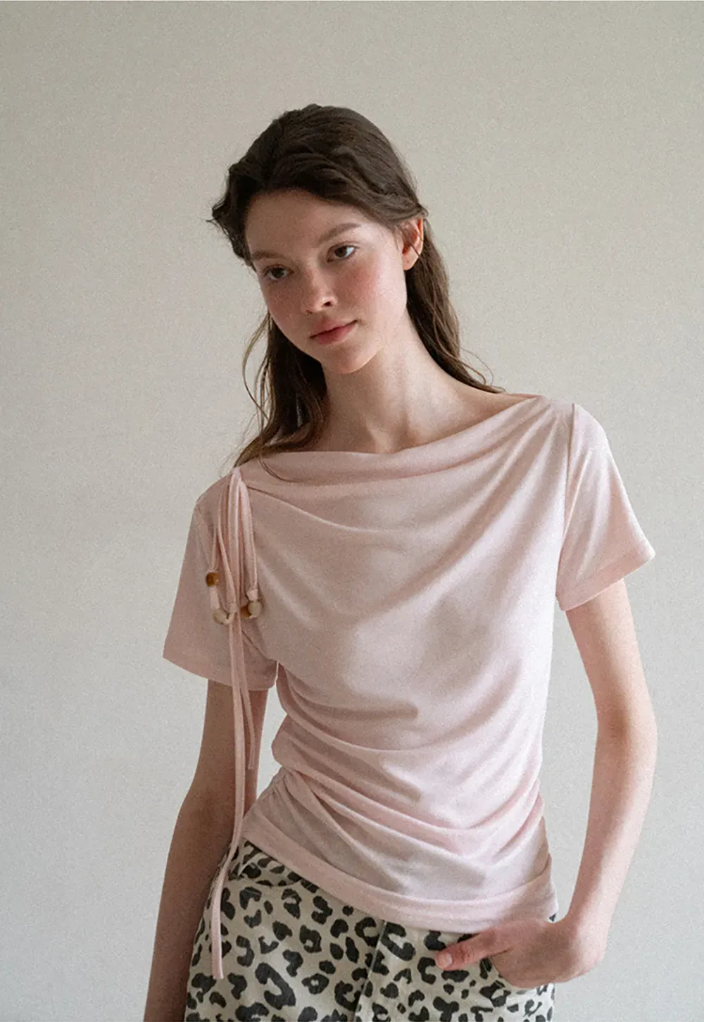 Asymmetrical Draped Neckline Short Sleeve T Shirt