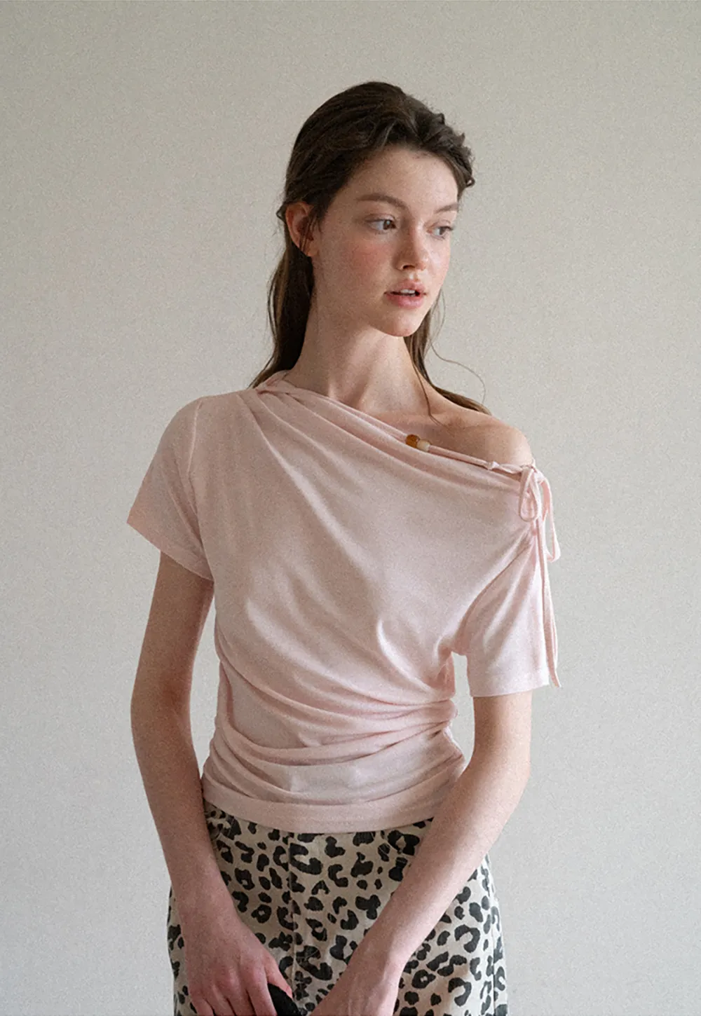 Asymmetrical Draped Neckline Short Sleeve T Shirt