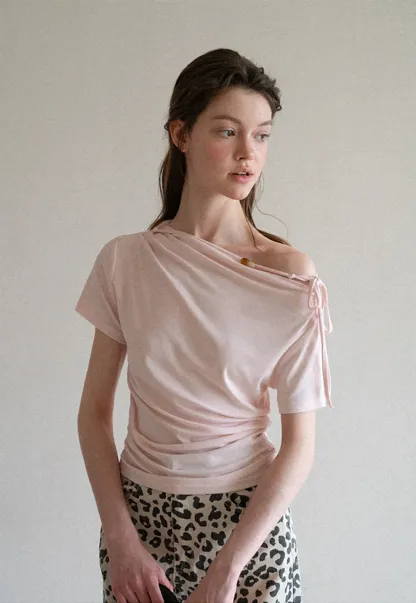 Asymmetrical Draped Neckline Short Sleeve T Shirt