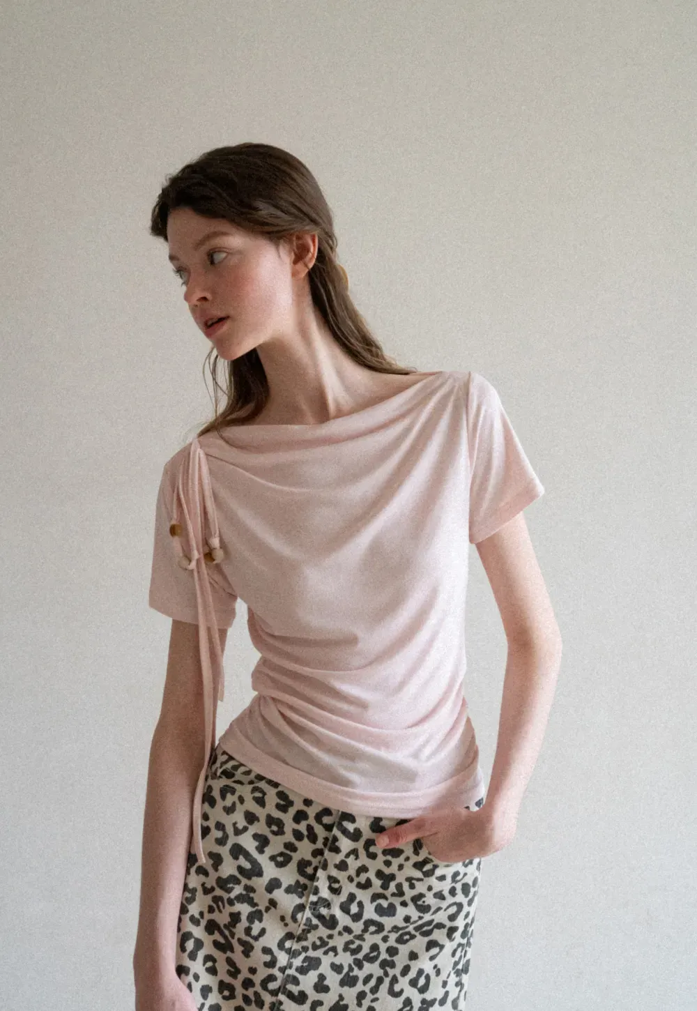 Asymmetrical Draped Neckline Short Sleeve T Shirt