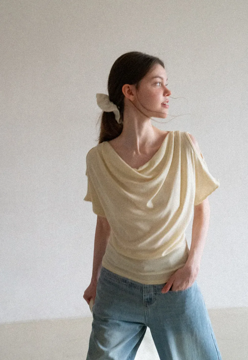 Draped Cowl Neck Short Sleeve T-shirt