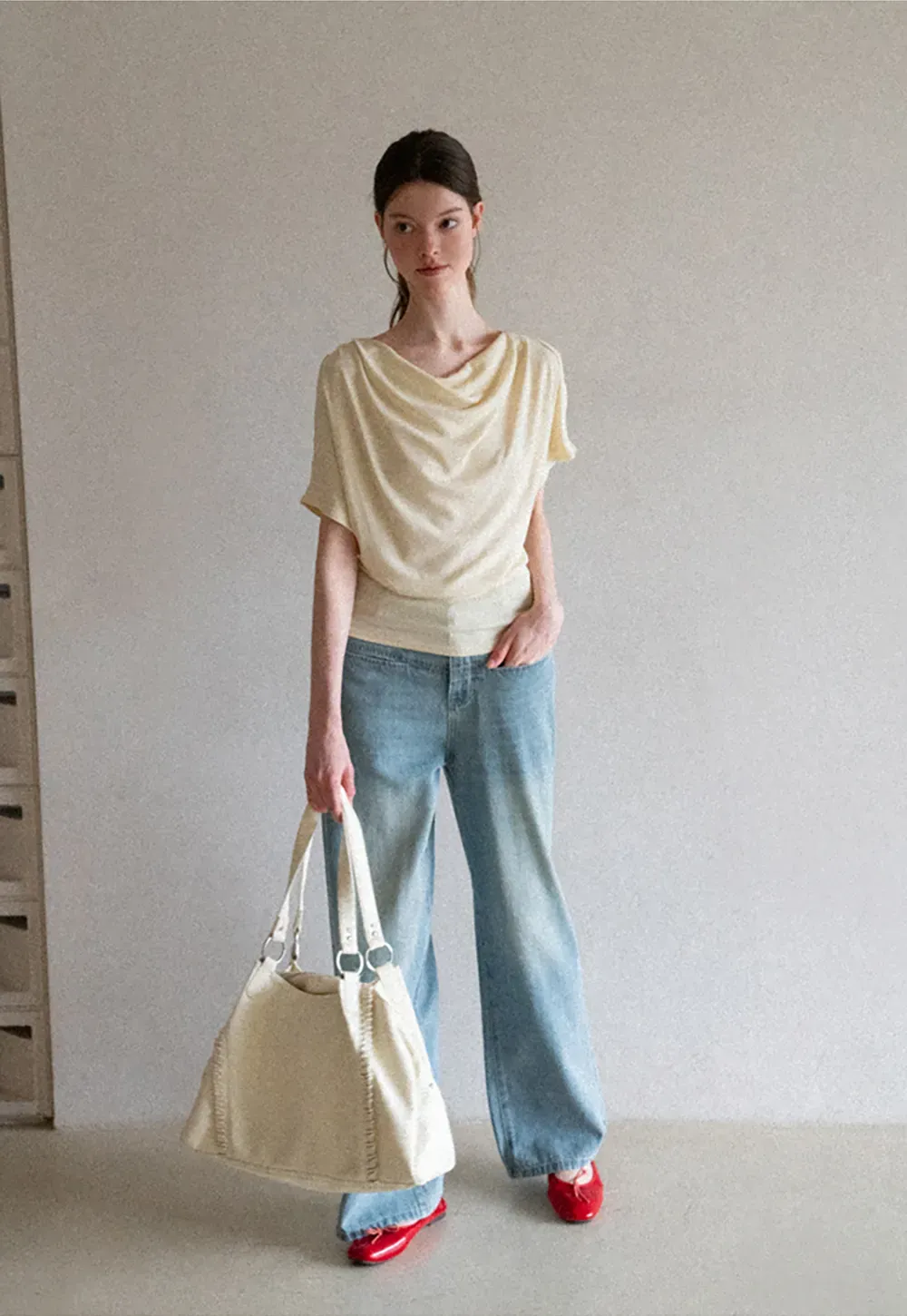 Draped Cowl Neck Short Sleeve T-shirt