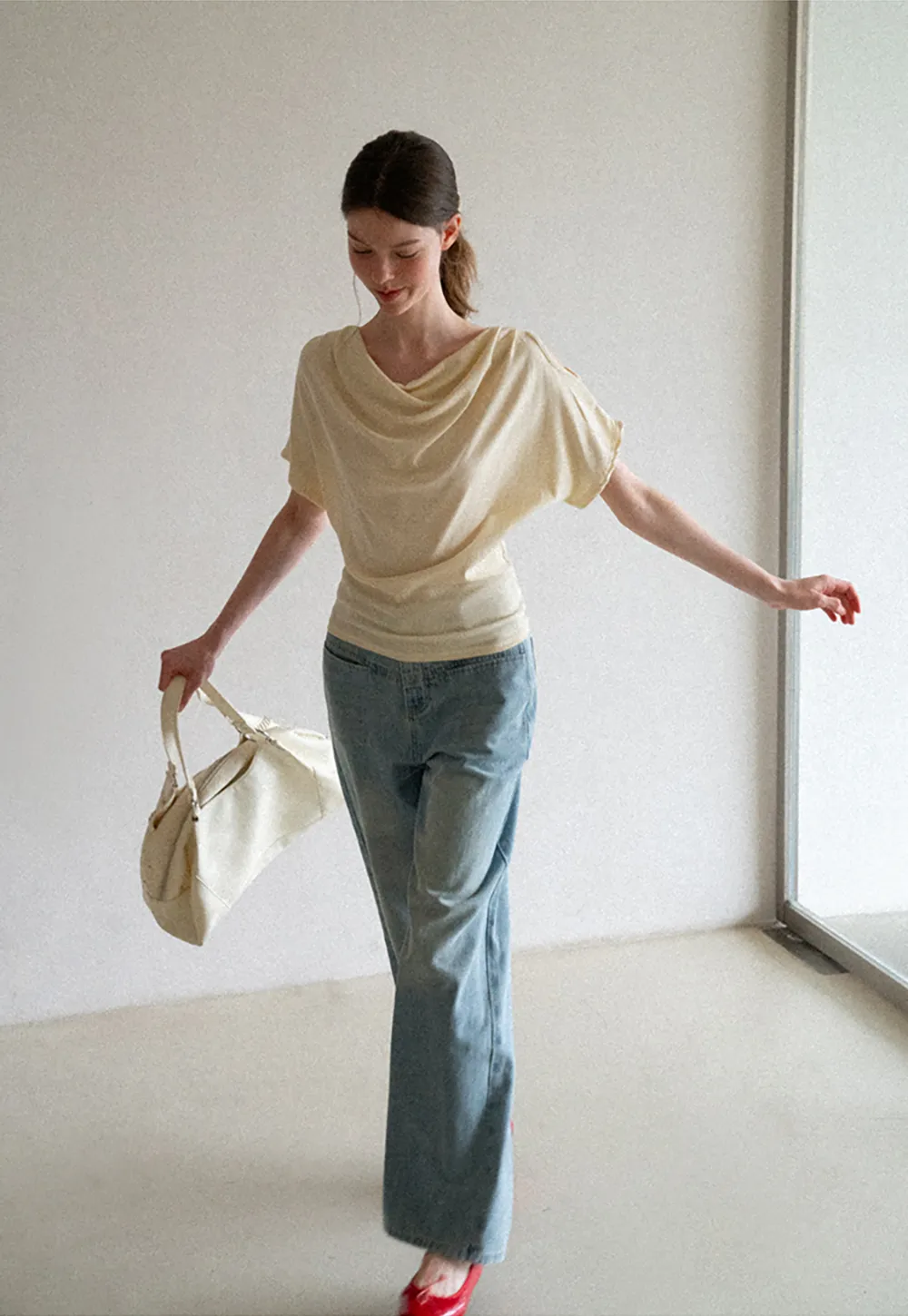 Draped Cowl Neck Short Sleeve T-shirt