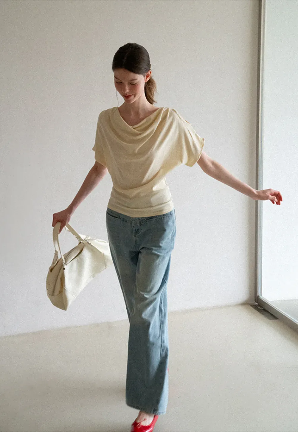 Draped Cowl Neck Short Sleeve T-shirt