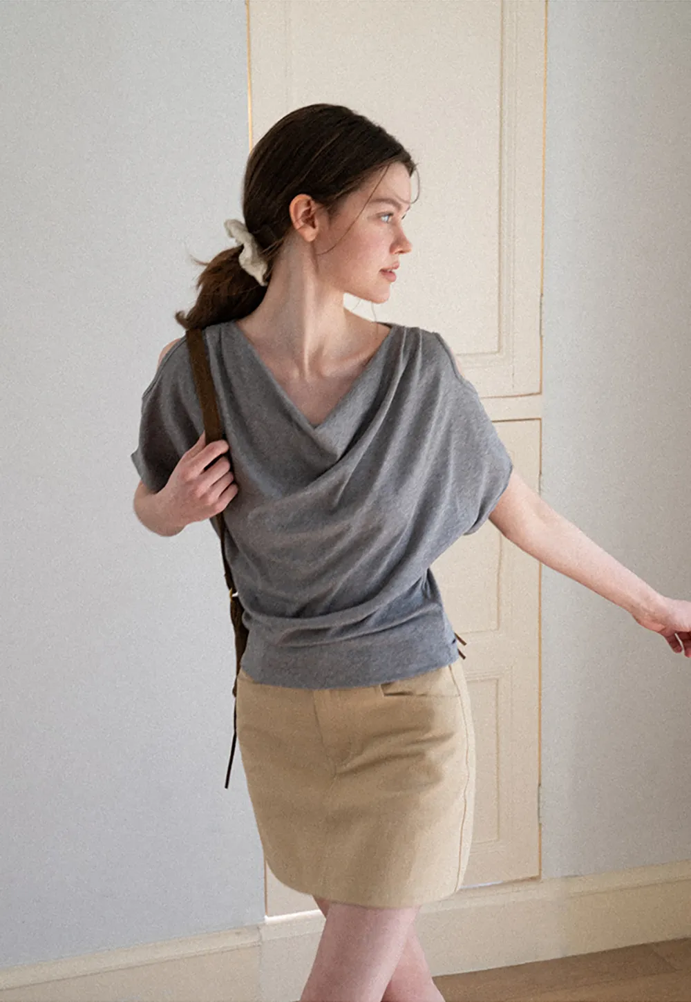 Draped Cowl Neck Short Sleeve T-shirt