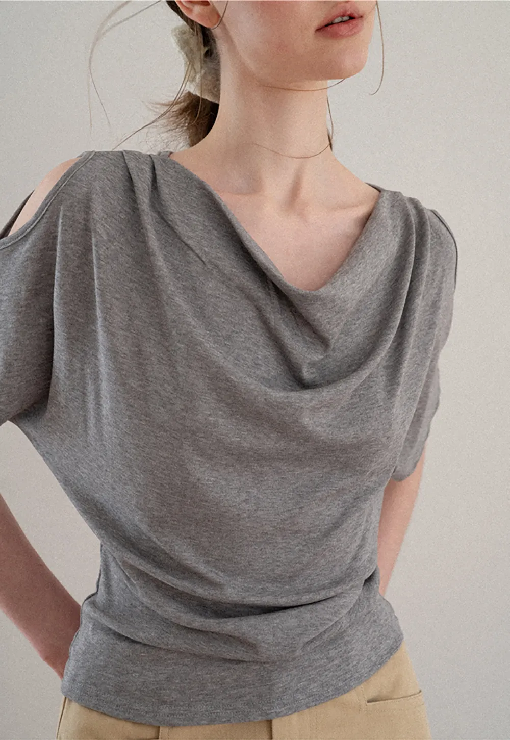 Draped Cowl Neck Short Sleeve T-shirt