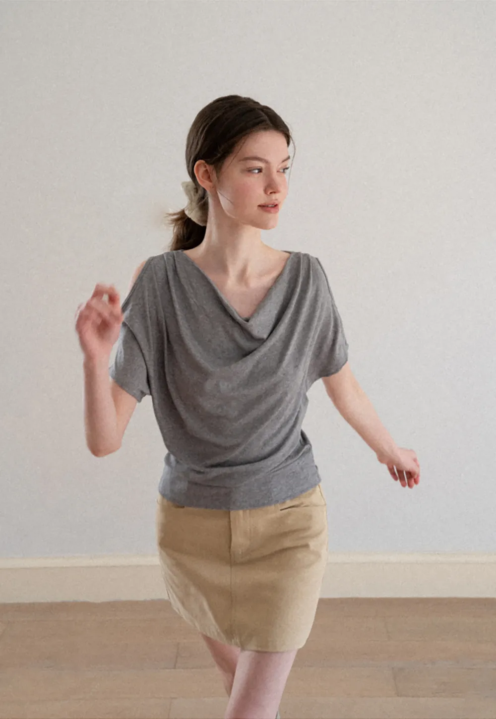 Draped Cowl Neck Short Sleeve T-shirt