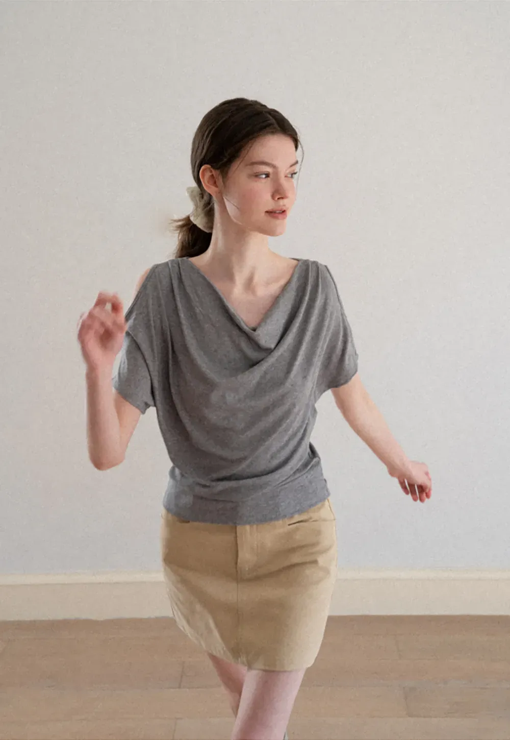 Draped Cowl Neck Short Sleeve T-shirt