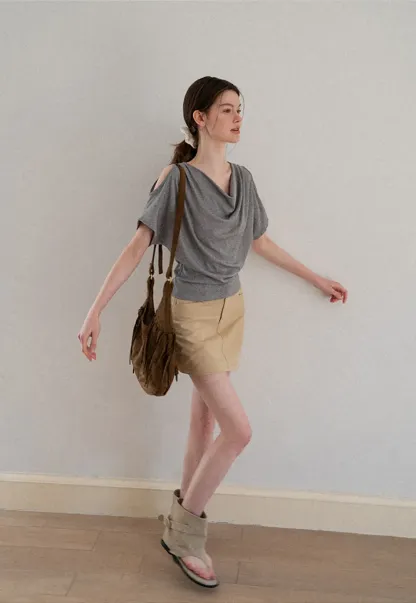 Draped Cowl Neck Short Sleeve T-shirt