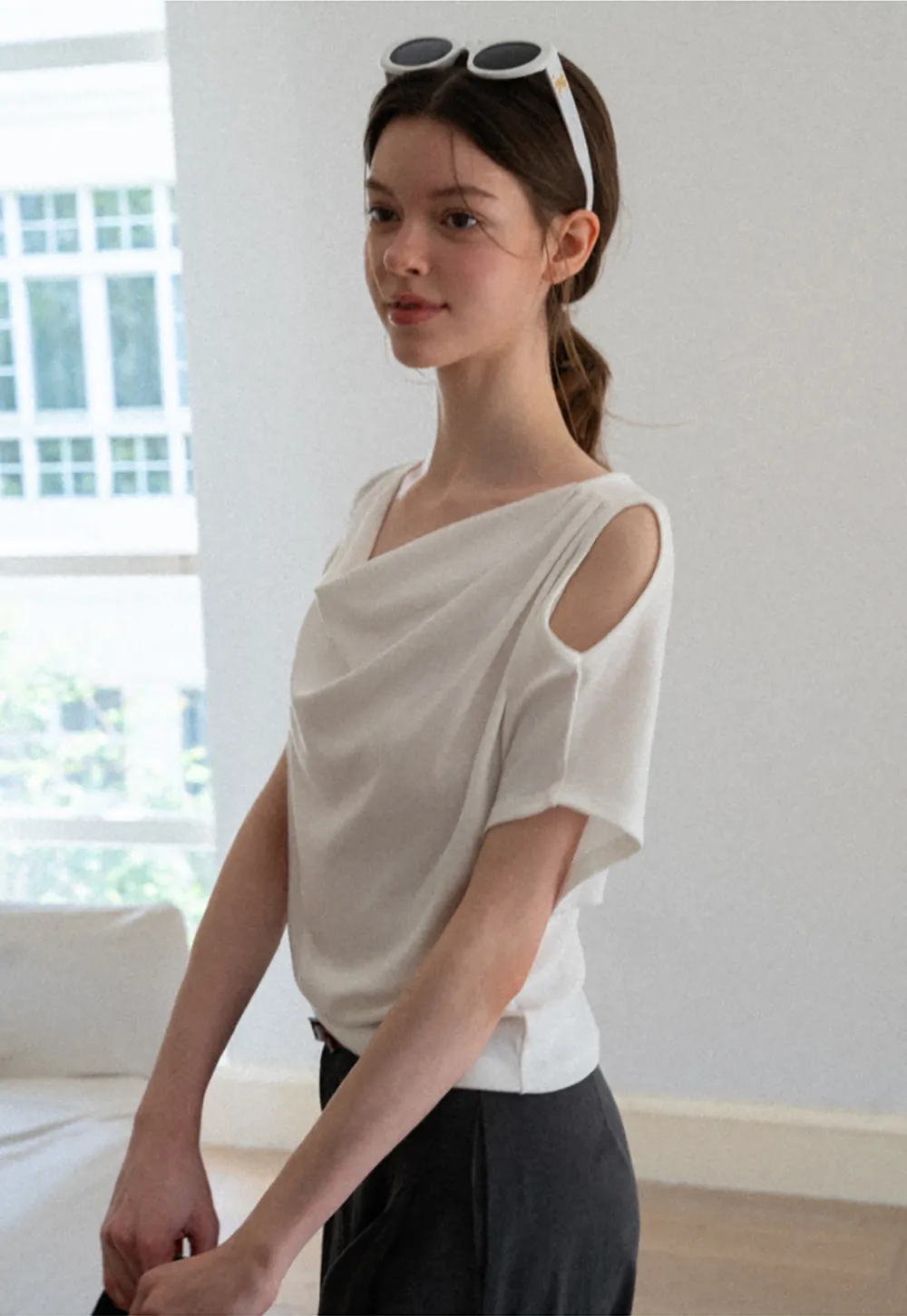 Draped Cowl Neck Short Sleeve T-shirt