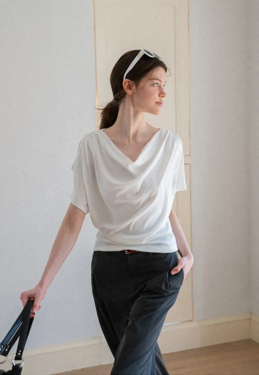 Draped Cowl Neck Short Sleeve T-shirt