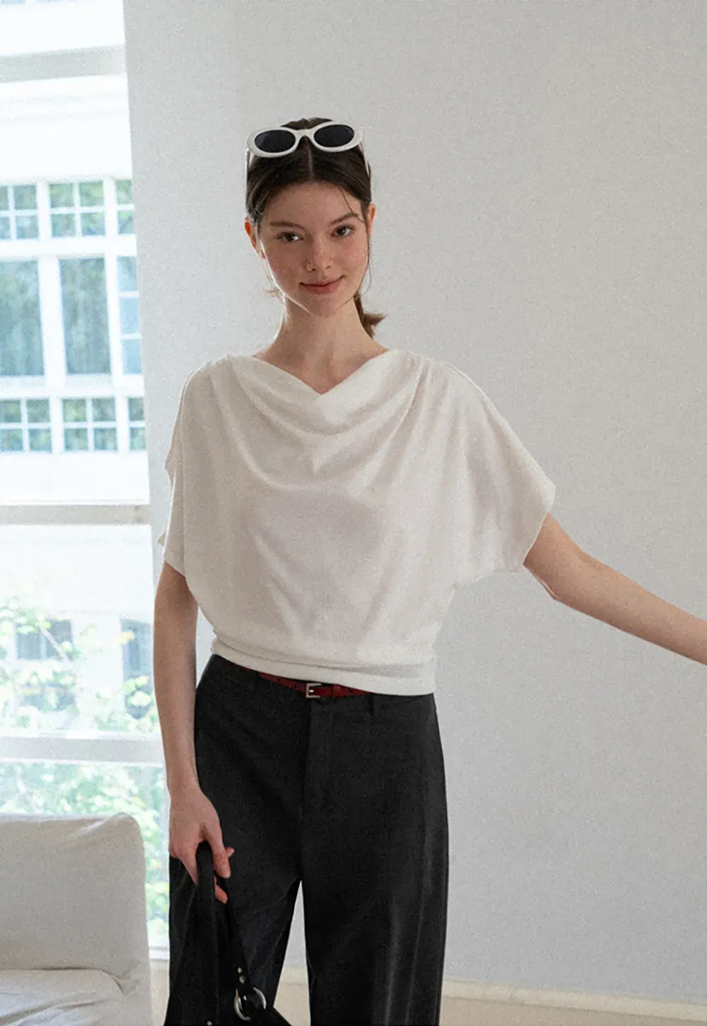 Draped Cowl Neck Short Sleeve T-shirt