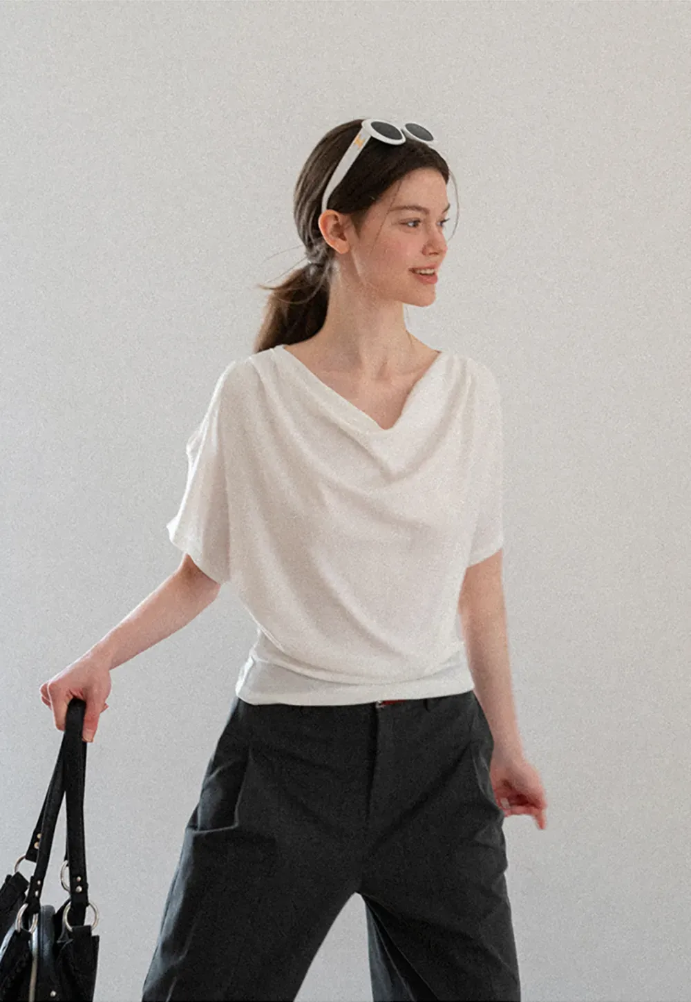 Draped Cowl Neck Short Sleeve T-shirt