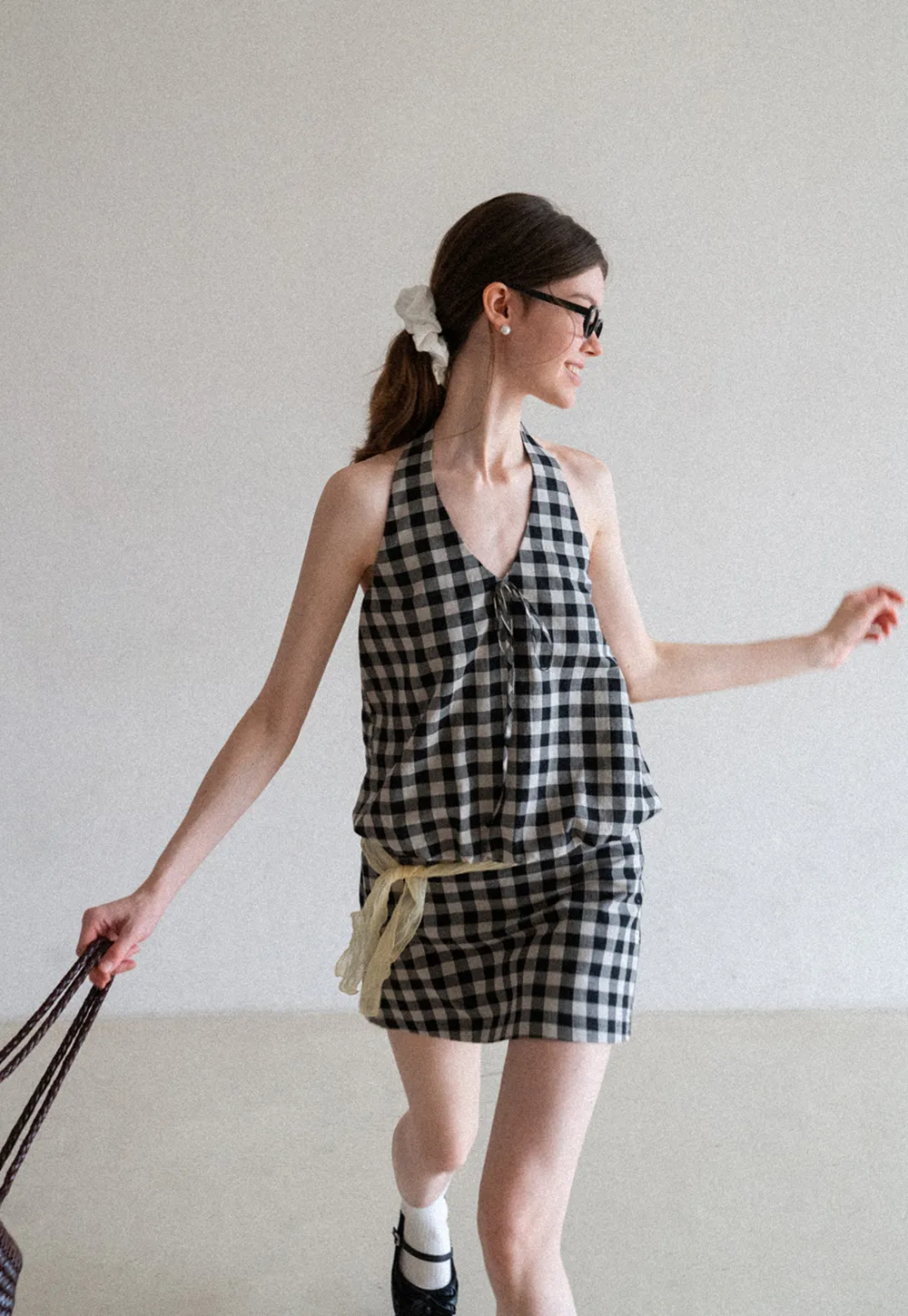 Checkered Halter Neck Tank Top High Waist Skirt Set