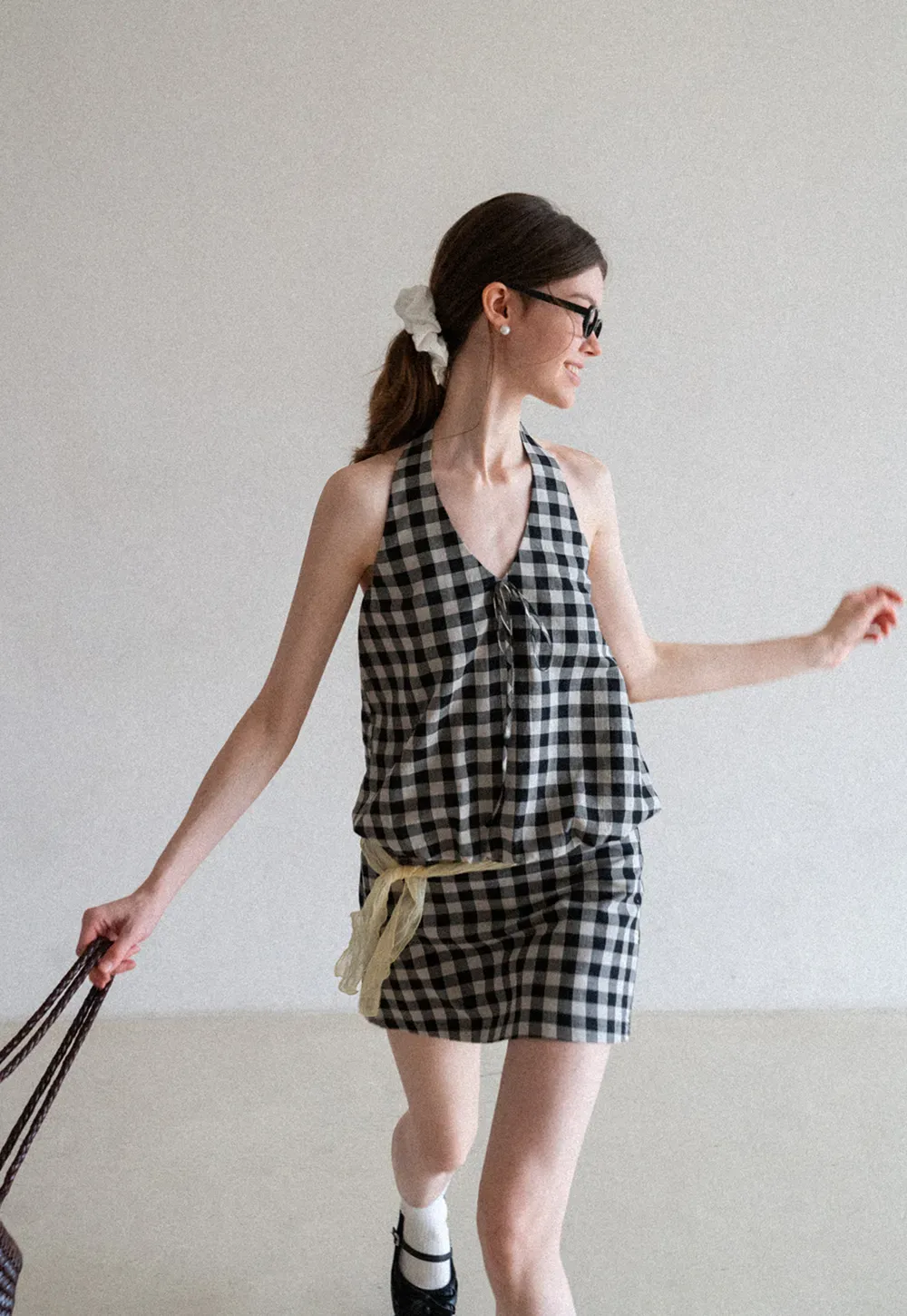 Checkered Halter Neck Tank Top High Waist Skirt Set