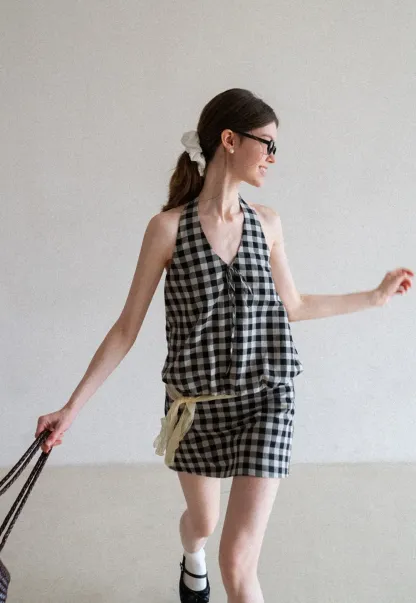 Checkered Halter Neck Tank Top High Waist Skirt Set