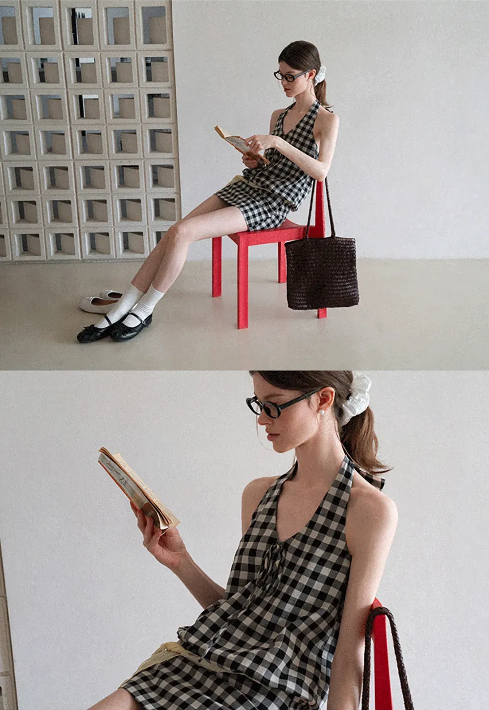 Checkered Halter Neck Tank Top High Waist Skirt Set