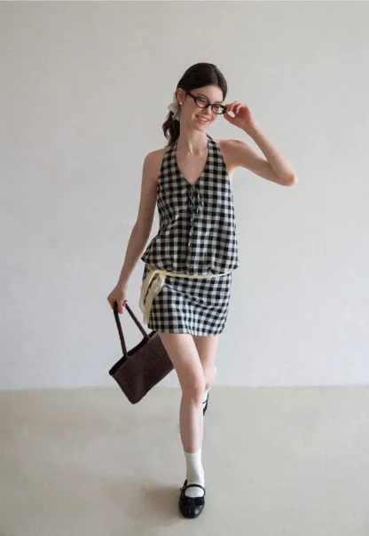 Checkered Halter Neck Tank Top High Waist Skirt Set