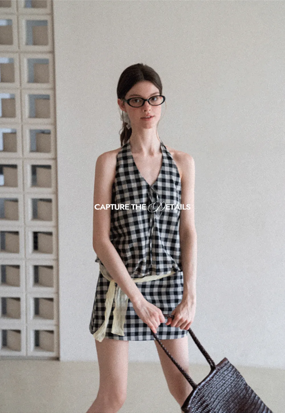 Checkered Halter Neck Tank Top High Waist Skirt Set