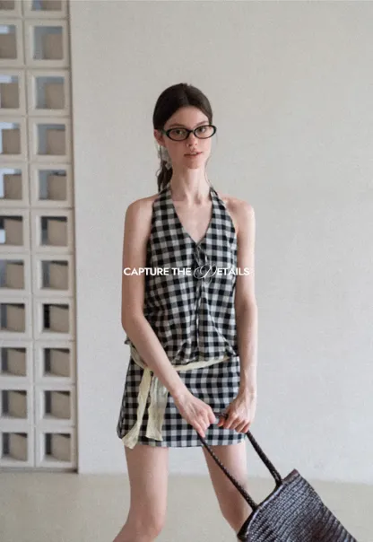 Checkered Halter Neck Tank Top High Waist Skirt Set