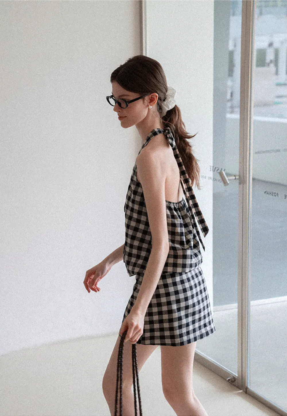 Checkered Halter Neck Tank Top High Waist Skirt Set