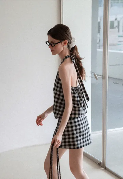 Checkered Halter Neck Tank Top High Waist Skirt Set
