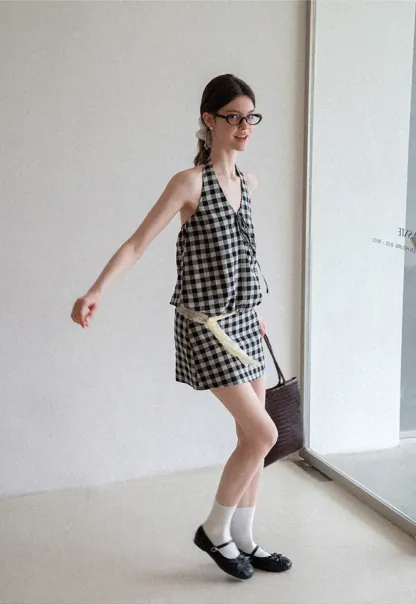 Checkered Halter Neck Tank Top High Waist Skirt Set