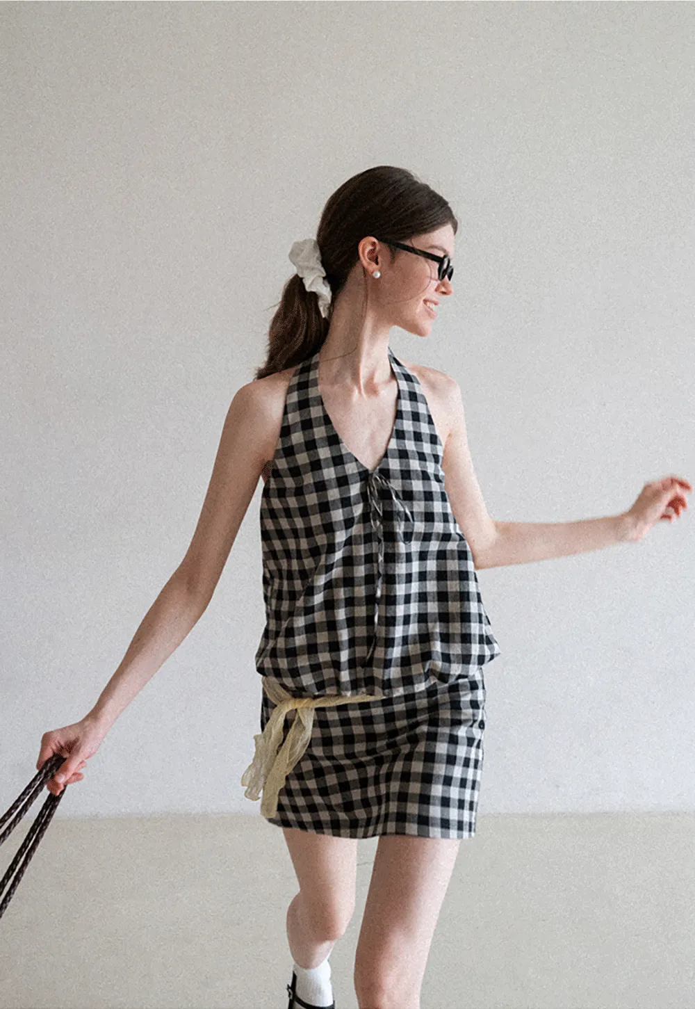 Checkered Halter Neck Tank Top High Waist Skirt Set